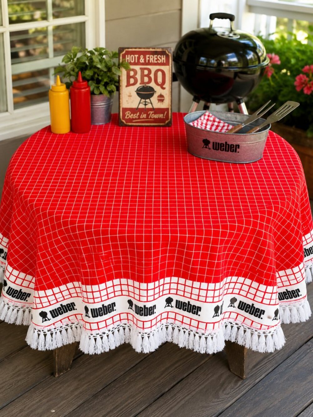 Vintage Weber BBQ Grill Terry Cloth Tablecloth 60" Round Fringe USA Made Rare
